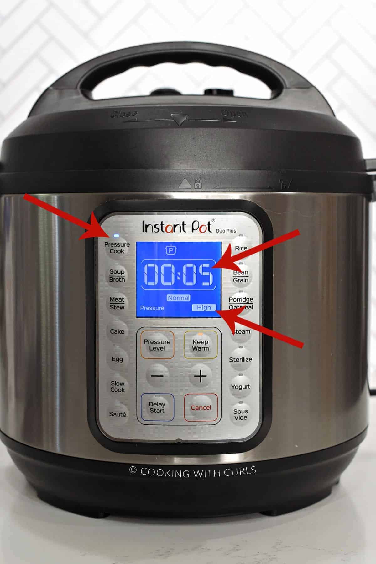 Instant Pot set to Pressure Cook on High pressure for 5 minutes.