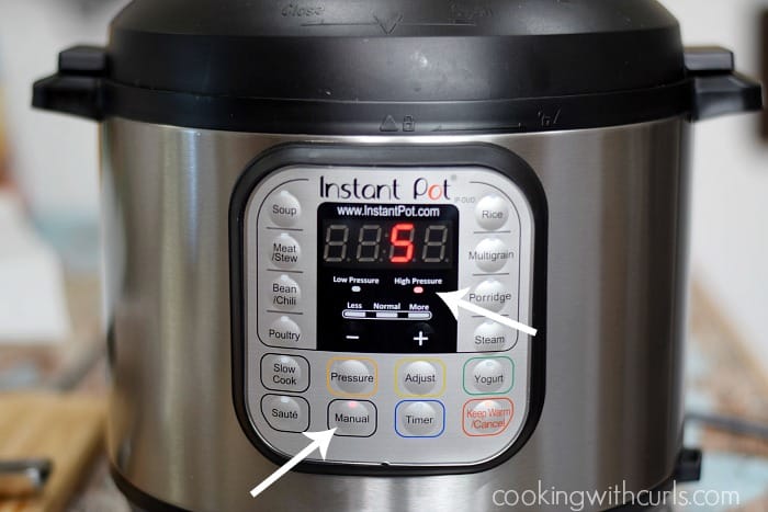 Instant Pot set for 5 minutes on HIGH pressure. 