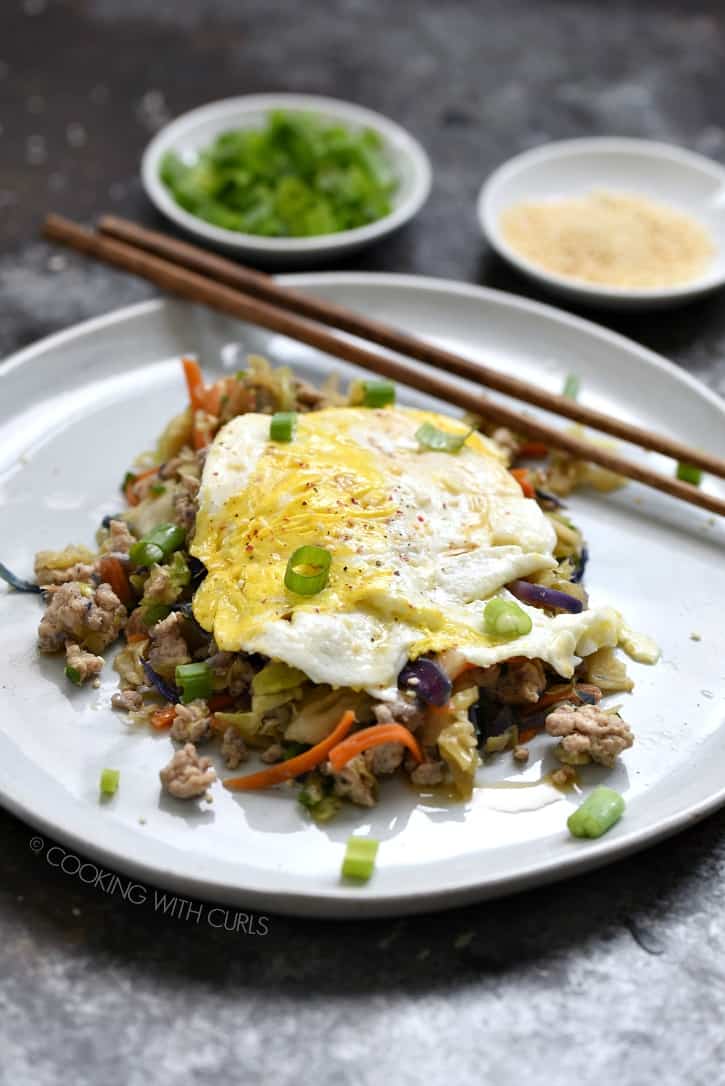 Leftover Egg Roll in a Bowl topped with a fried egg is a quick and delicious breakfast