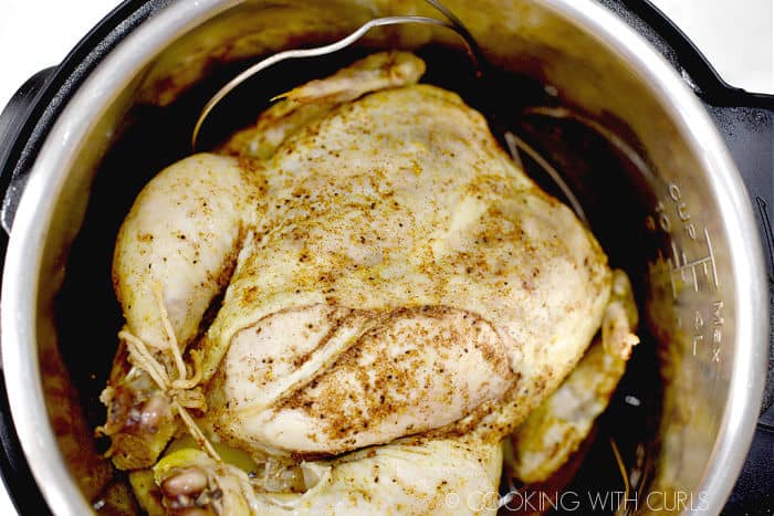 Looking down on a cooked whole chicken in a pressure cooker. 