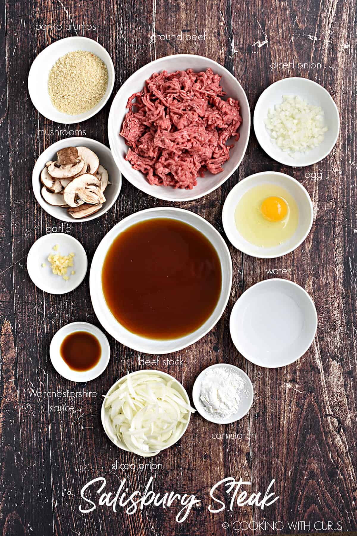 Looking down on all of the ingredients to make Salisbury Steak with mushroom gravy. 