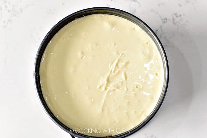 Looking down on cheesecake mixture in a 6-inch springform pan. 