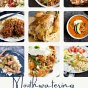 Mouthwatering Instant Pot Chicken Recipes collage with nine images and title graphic across the bottom.