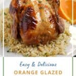 Orange glazed cornish game hen on a bed of rice pilaf with title graphic across the bottom.