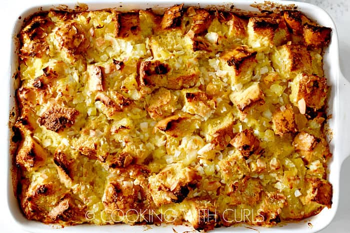 Pina Colada Bread Pudding in a white baking dish.