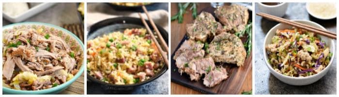 Collage with Kalua pork, ham fried rice, rosemary garlic pork roast, egg roll in a bowl.