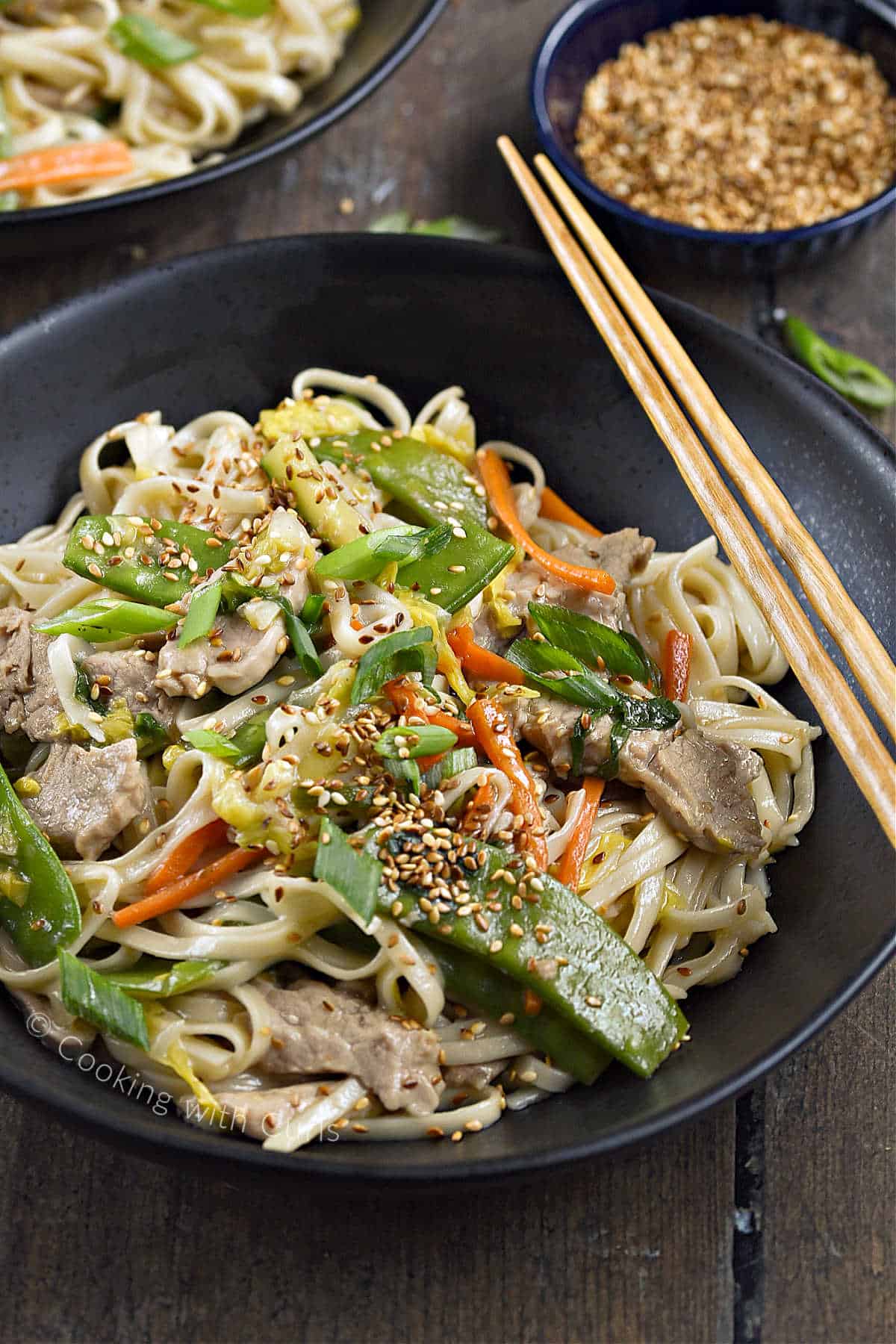 Pork Lo Mein in a bowl topped with sliced green onions and toasted sesame seeds with chopsticks on the edge. 