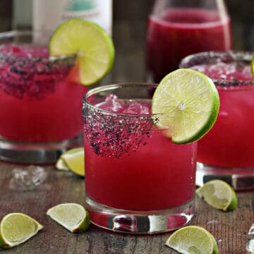 Prickly Pear Margarita Recipe on the rocks.