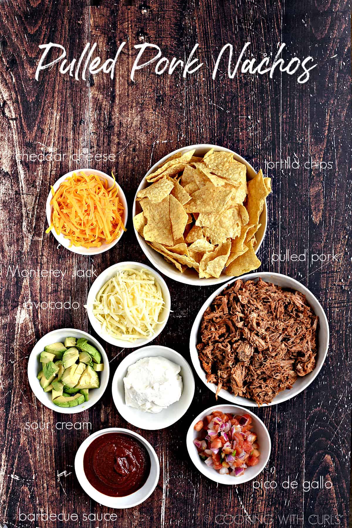 Pulled Pork Nachos Recipes ingredients in white bowls. 