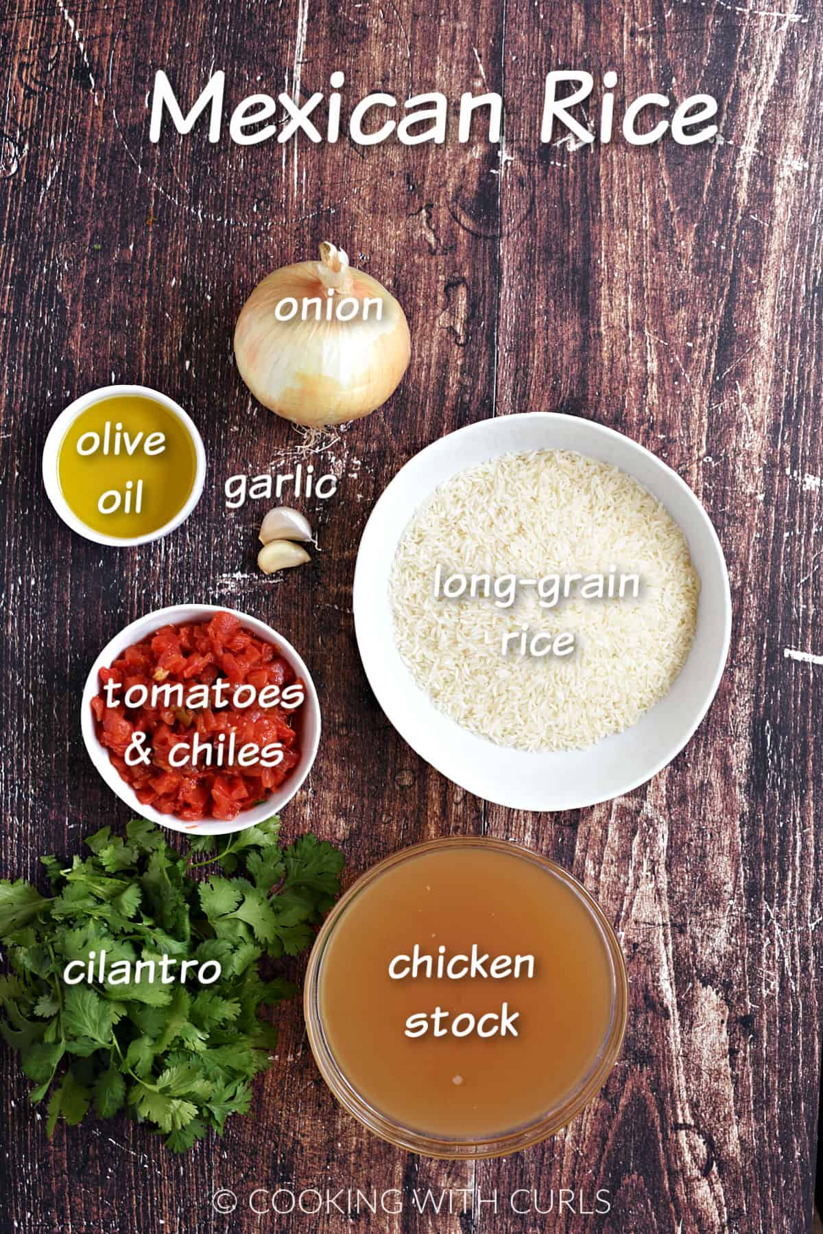 Rice, onion, garlic, oil, tomatoes, cilantro, and chicken stock. 
