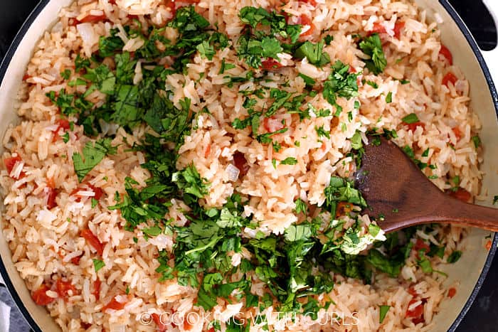 Rice, tomatoes, and chopped cilantro in a large skillet. 