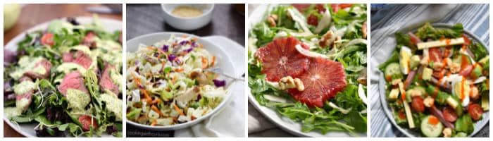 Collage with cilantro lime steak salad, Asian sesame salad, arugula and blood orange salad, and chefs salad.