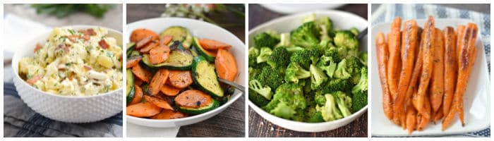 Collage with bacon potato salad, zucchini and carrots, steamed broccoli, roasted carrots.