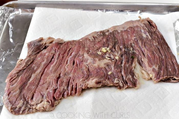 skirt steak on a paper towel. 