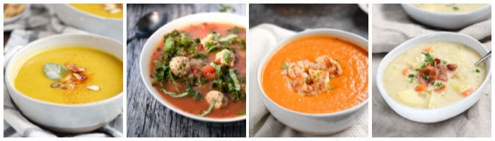 Soup collage with butternut apple, Italian meatball, roasted red pepper with shrimp, and clam chowder.
