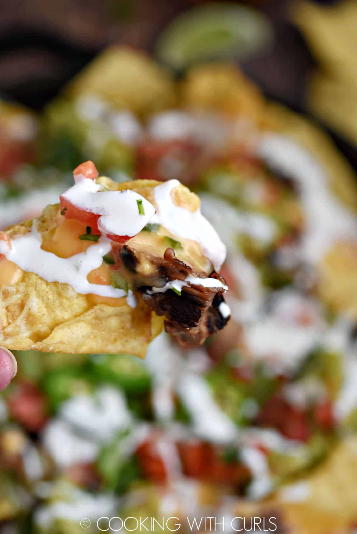 Steak, cheese, tomato, and crema on a tortilla chip. 