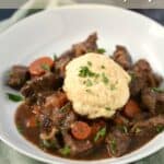 Tender chunks of beef swimming in a rich Guinness gravy topped with a herb dumplings.