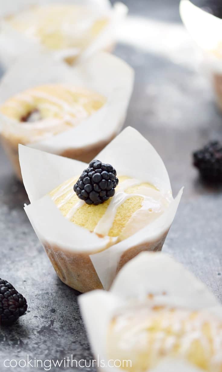 A muffin in white paper liner topped with a fresh blackberry surrounded by fresh blackberries and muffins.