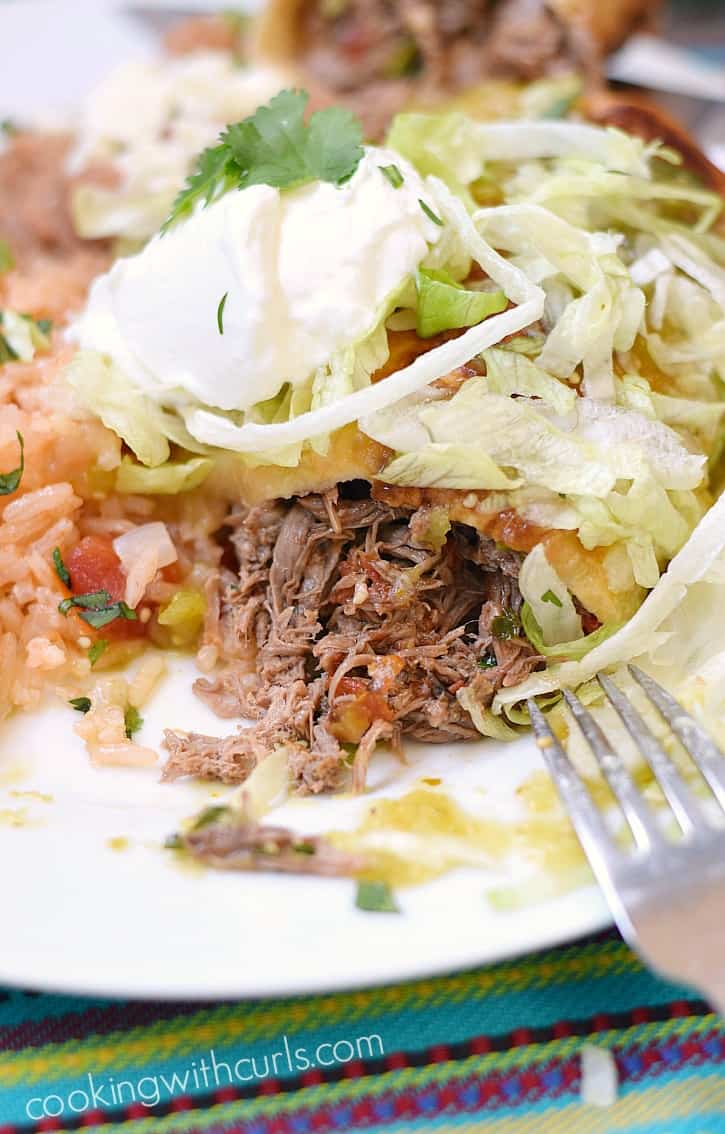 Shredded beef spilling out of fried tortilla casing topped with shredded lettuce, and salsa next to Spanish rice.