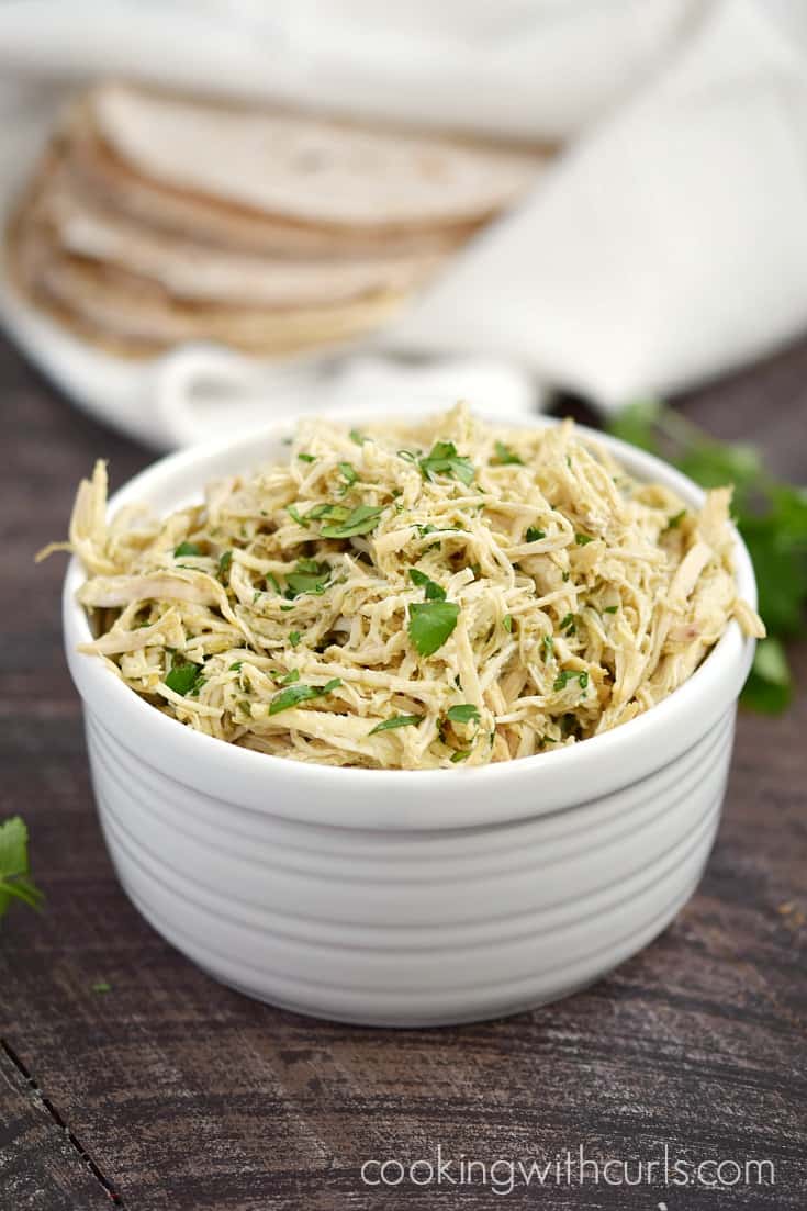 A bowl filled with Salsa Verde Shredded Chicken.