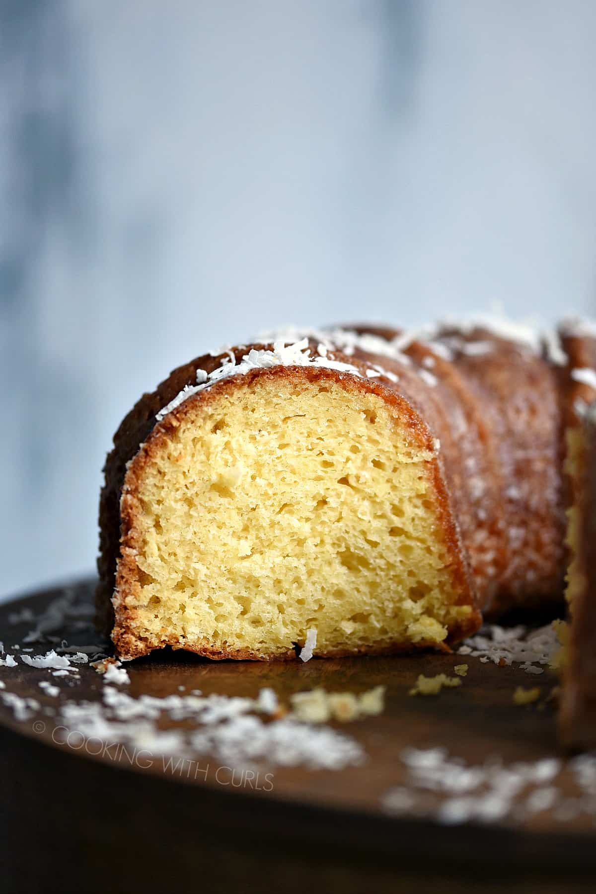 Side view of a cut Bacardi Pina Colada Rum Cake.