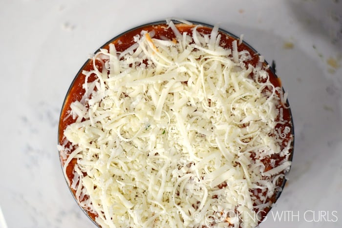 Top the lasagna layers with mozzarella cheese