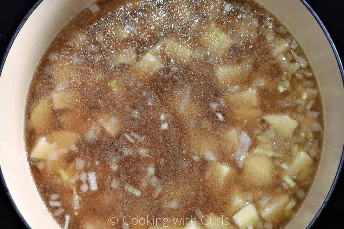 Vegetable broth, diced potatoes, onion and leeks in a Dutch oven. 