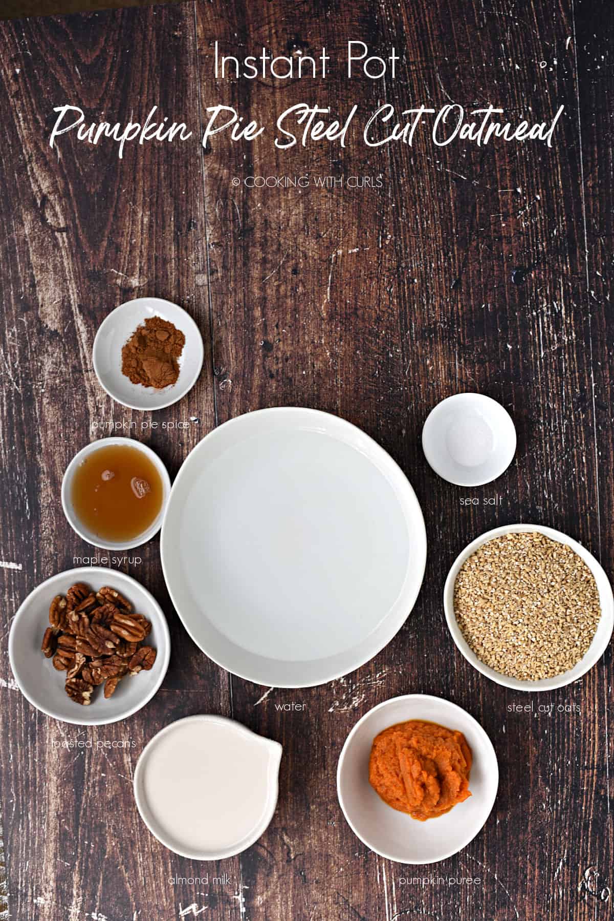 Looking down on white bowls with pumpkin pie spice, maple syrup, pecans, almond milk, pumpkin puree, steel cut oats, sea salt and water sitting on a wooden background.