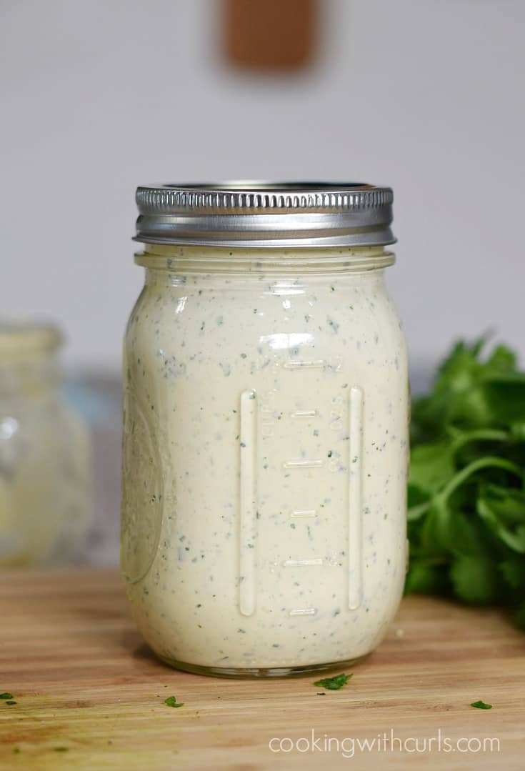 Shaken Ranch Dressing in a glass jar.