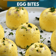 Seven Instant Pot Denver Omelet Egg Bites on a plate topped with chopped parsley. with title graphic across the top.